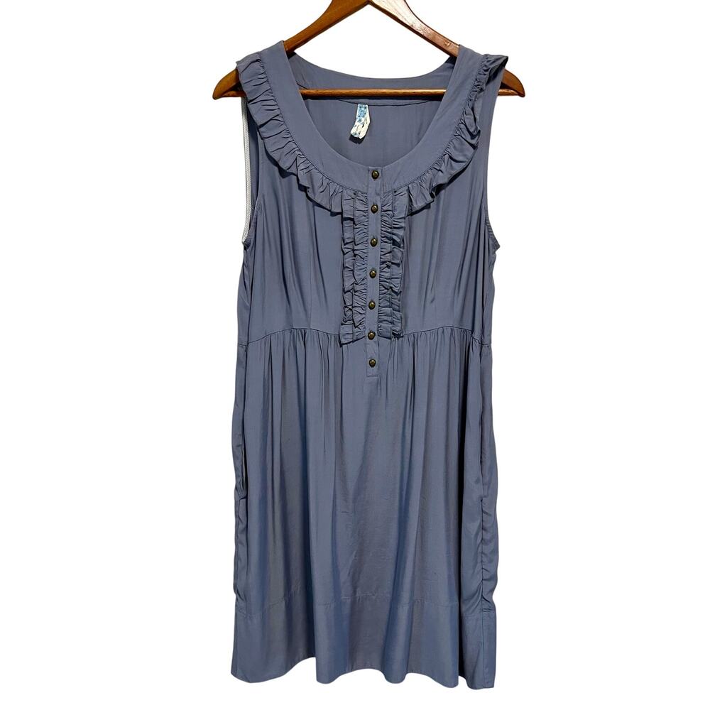 Maeve Anthropologie Babydoll Dress Blue Gray Ruffle Front Sleeveless Pockets L